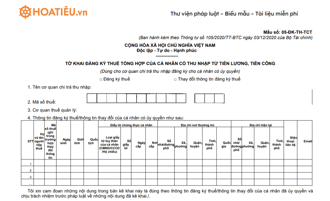 Mẫu số 05-ĐK-TH-TCT: Tờ khai đăng ký thuế tổng hợp cho cá nhân