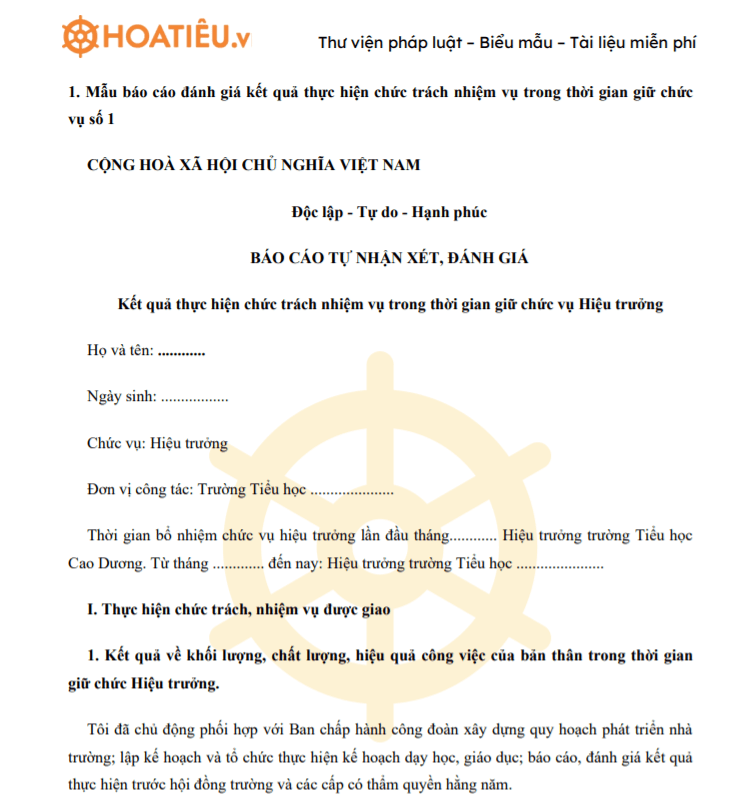 Mẫu báo cáo đánh giá kết quả thực hiện chức trách nhiệm vụ trong thời gian giữ chức vụ