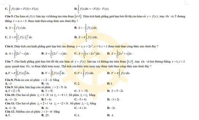 Đề thi học kì 2 lớp 12 môn Toán có đáp án