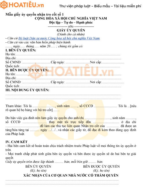 Mẫu giấy ủy quyền nhận tro cốt