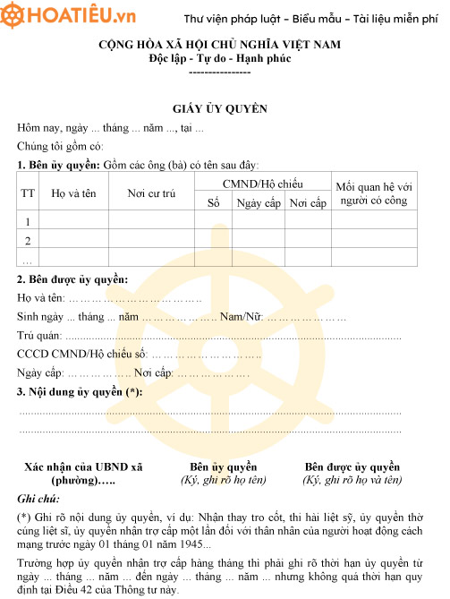 Giấy ủy quyền nhận tro cốt liệt sĩ