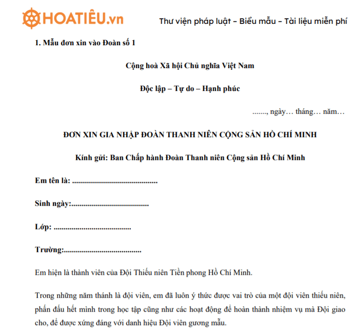 Mẫu đơn xin vào Đoàn