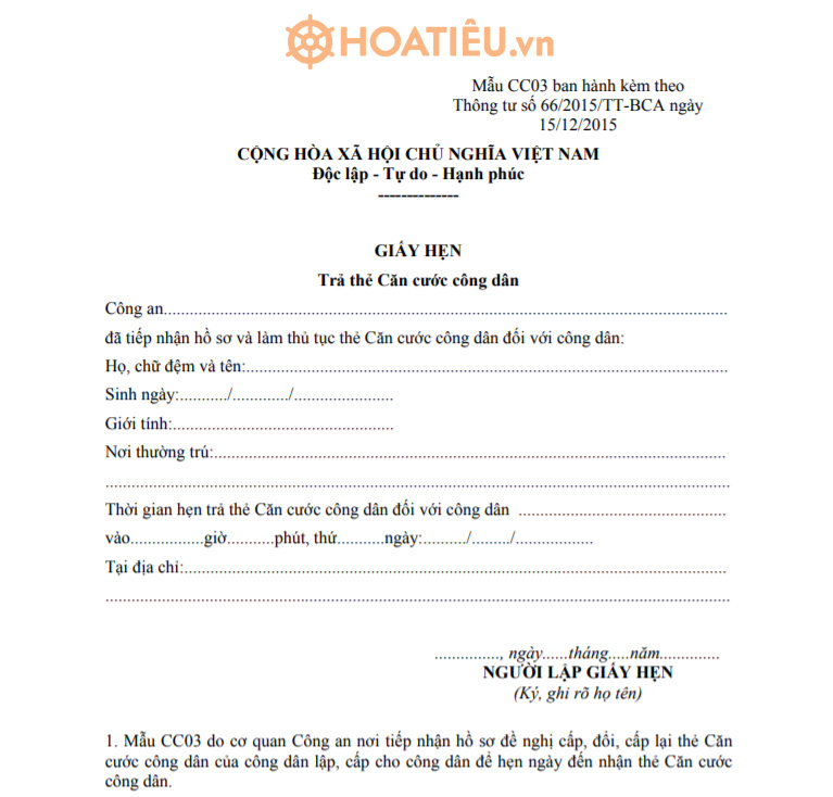 Giấy hẹn trả thẻ căn cước công dân