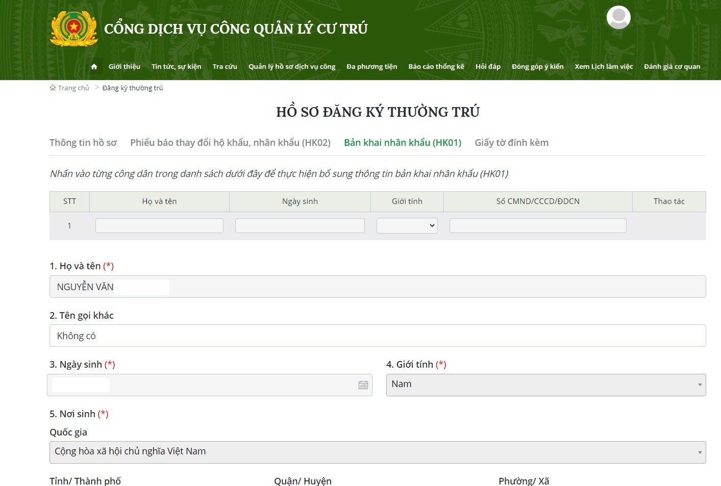 Chuyển hộ khẩu trên dịch vụ công