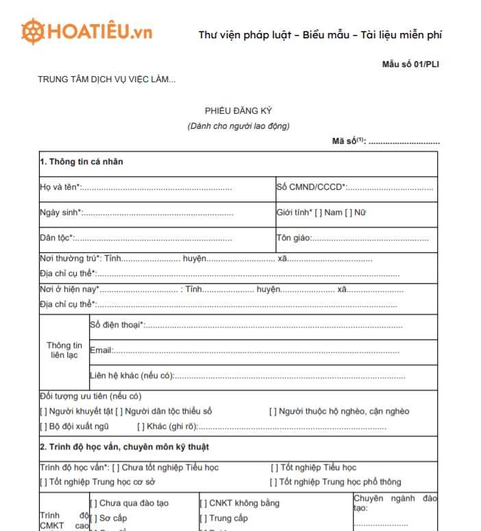 Phiếu đăng ký dành cho người lao động