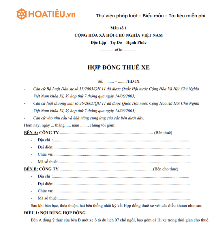 Mẫu hợp đồng thuê xe
