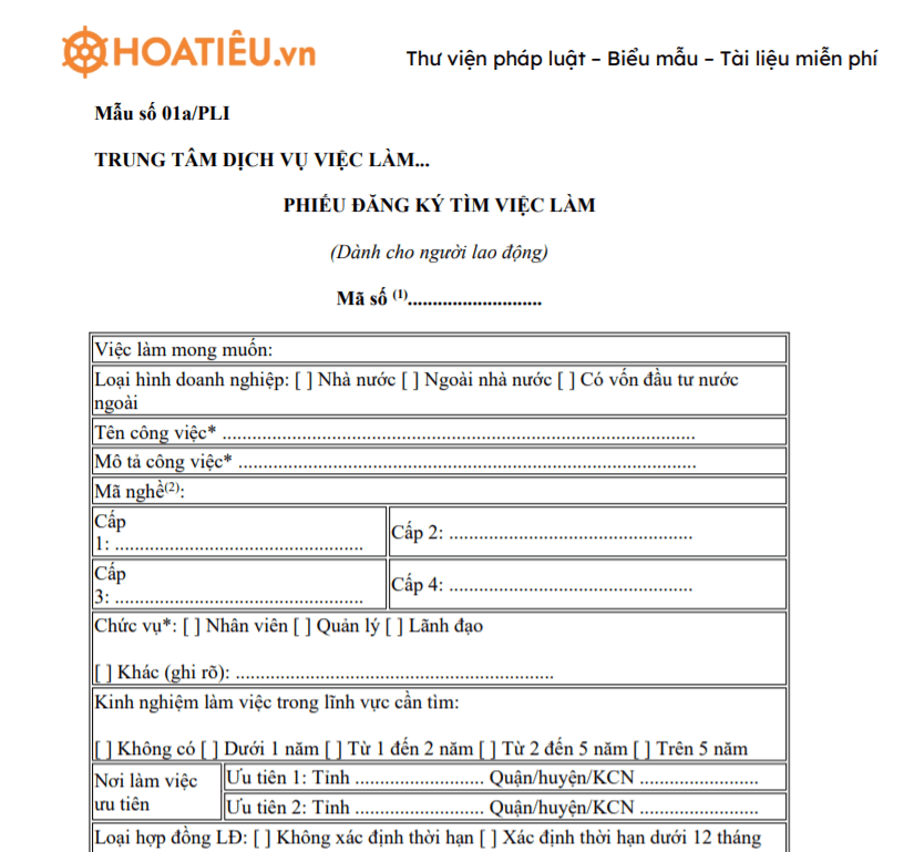 Mẫu 01a/PLI: Phiếu đăng ký tìm việc làm cho người lao động