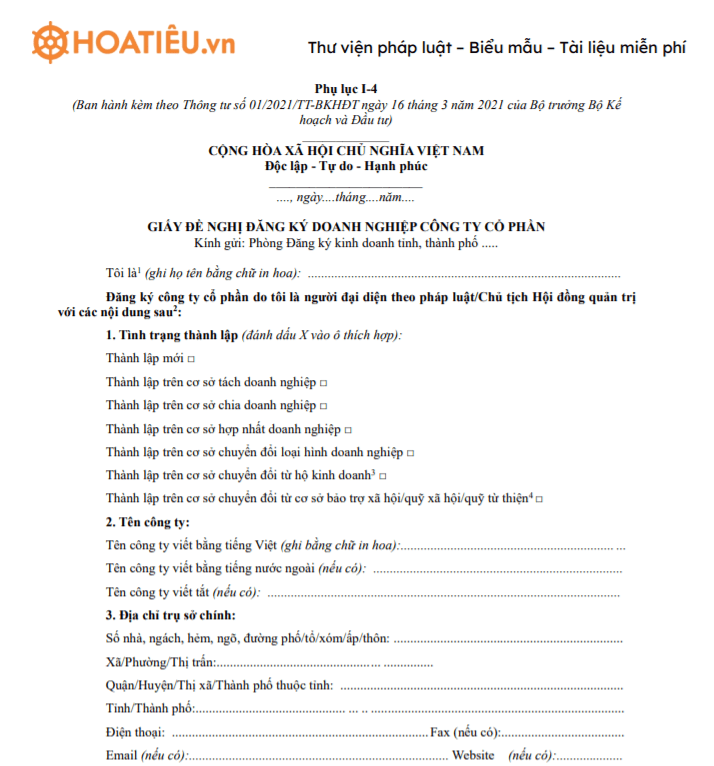 Giấy đề nghị đăng ký doanh nghiệp công ty cổ phần