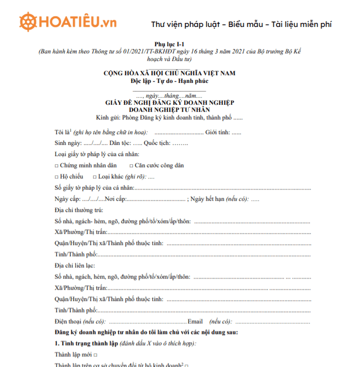 Mẫu giấy đề nghị đăng ký kinh doanh doanh nghiệp tư nhân