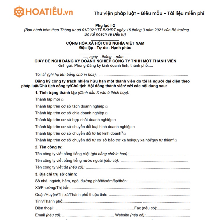 Mẫu giấy đề nghị thành lập doanh nghiệp công ty TNHH một thành viên - Phụ lục I-2