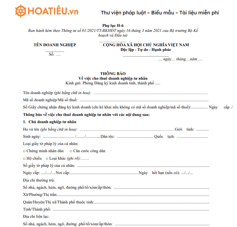 Phụ lục II-6: Mẫu thông báo cho thuê doanh nghiệp tư nhân