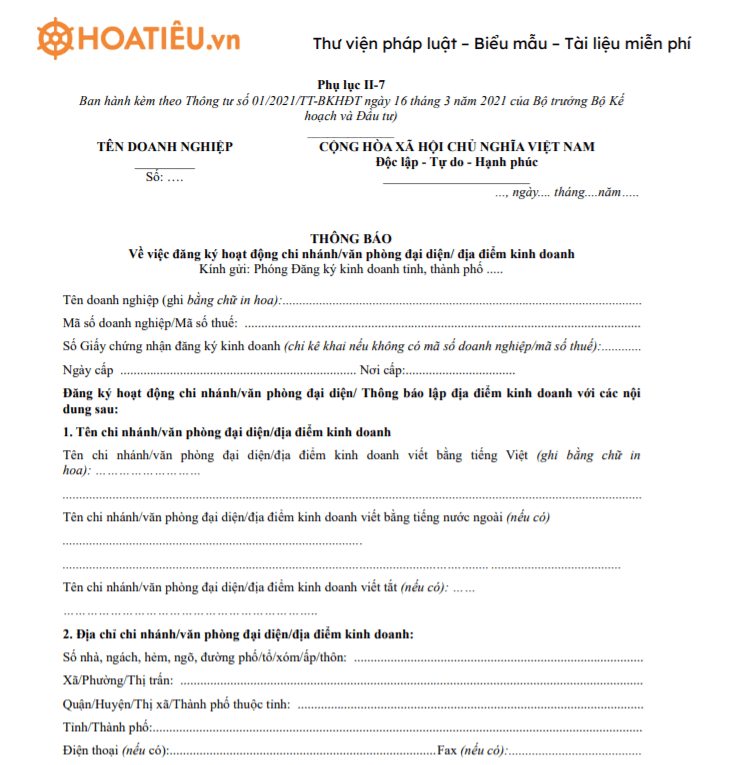 Thông báo về việc đăng ký hoạt động chi nhánh, văn phòng đại diện/địa điểm kinh doanh - Phụ lục II-7