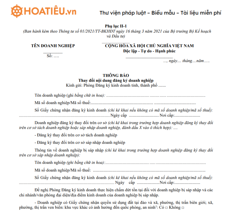 Phụ lục II-1: Thông báo thay đổi nội dung đăng ký doanh nghiệp