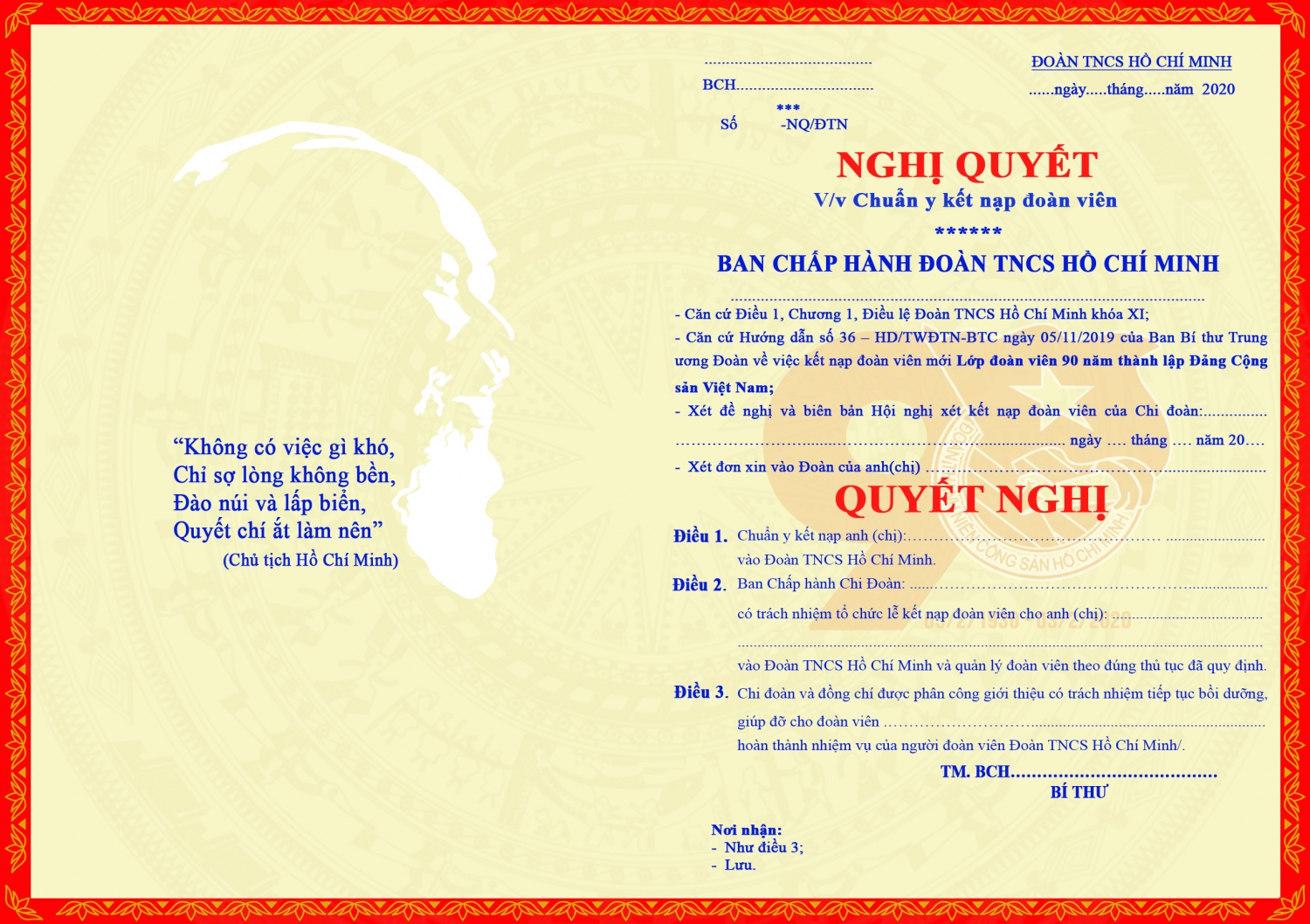 Mẫu nghị quyết chuẩn y kết nạp đoàn viên danh dự