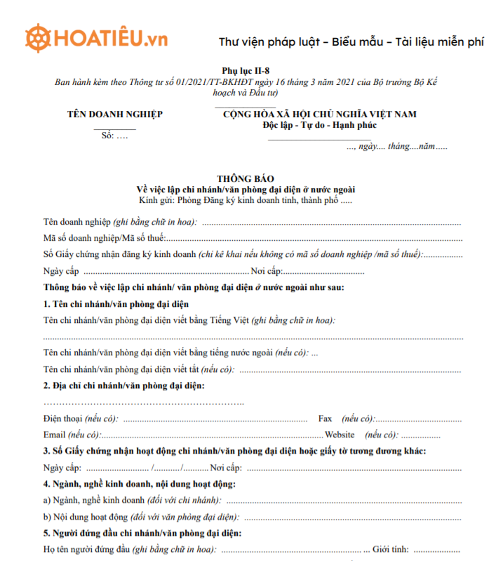 Mẫu thông báo lập chi nhánh, văn phòng đại diện ở nước ngoài