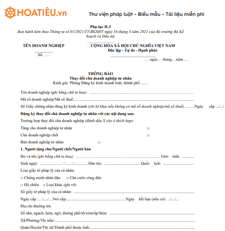 Mẫu thông báo thay đổi chủ doanh nghiệp tư nhân