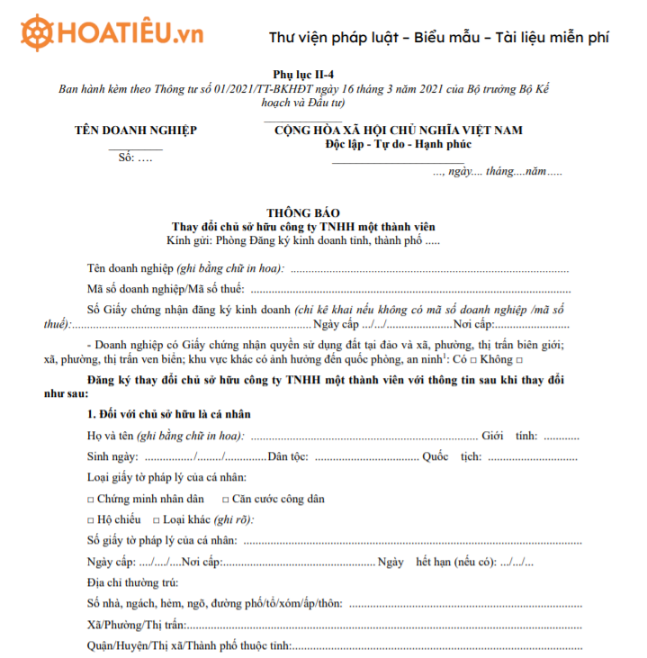 Mẫu thông báo thay đổi chủ sở hữu công ty TNHH một thành viên