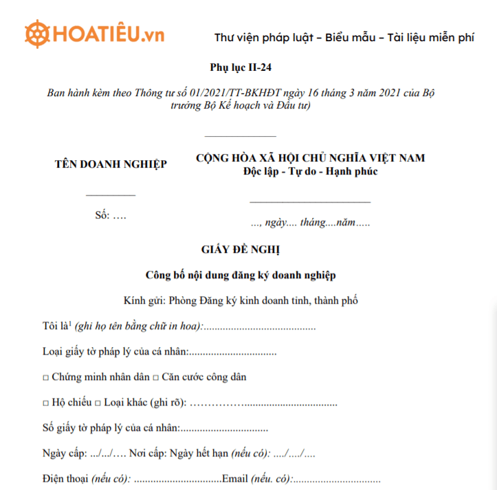 Giấy đề nghị công bố nội dung đăng ký doanh nghiệp - Phụ lục II-24