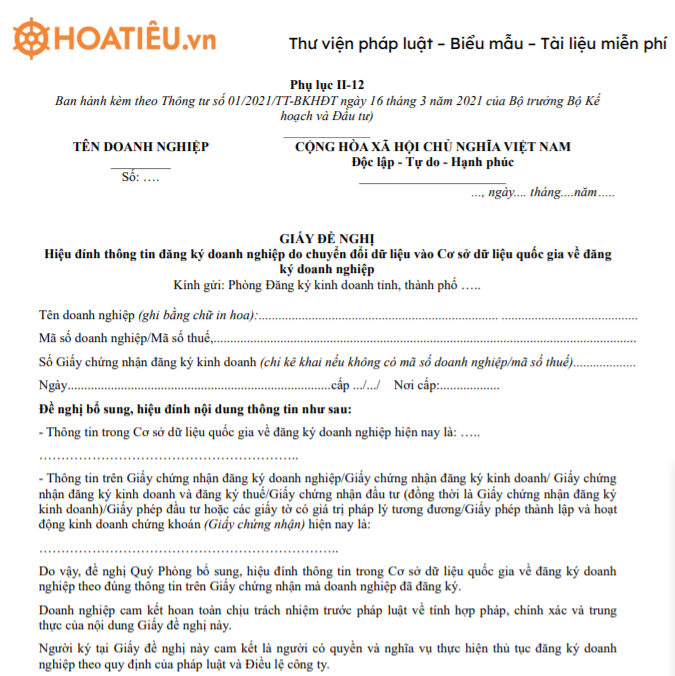 Mẫu giấy đề nghị hiệu đính thông tin đăng ký doanh nghiệp - Phụ lục II-12