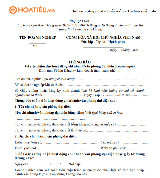 Mẫu thông báo chấm dứt hoạt động chi nhánh, văn phòng đại diện ở nước ngoài 