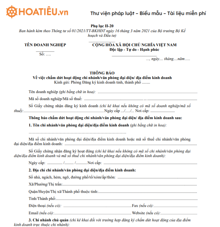 Mẫu thông báo chấm dứt hoạt động của văn phòng đại diện, chi nhánh - Phụ lục II-20