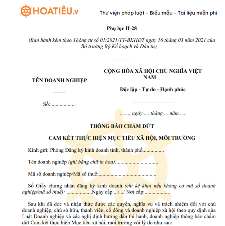 Biểu mẫu thông báo chấm dứt cam kết thực hiện mục tiêu xã hội, môi trường - Phụ lục II-28