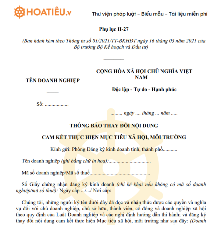 Biểu mẫu thông báo thay đổi nội dung cam kết thực hiện mục tiêu xã hội, môi trường