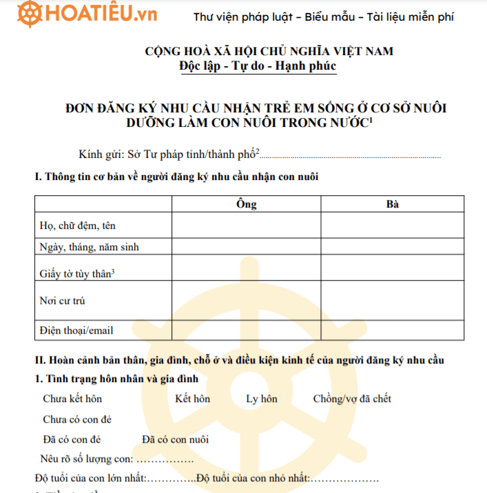 Đơn đăng ký nhu cầu nhận trẻ em sống ở cơ sở nuôi dưỡng làm con nuôi trong nước