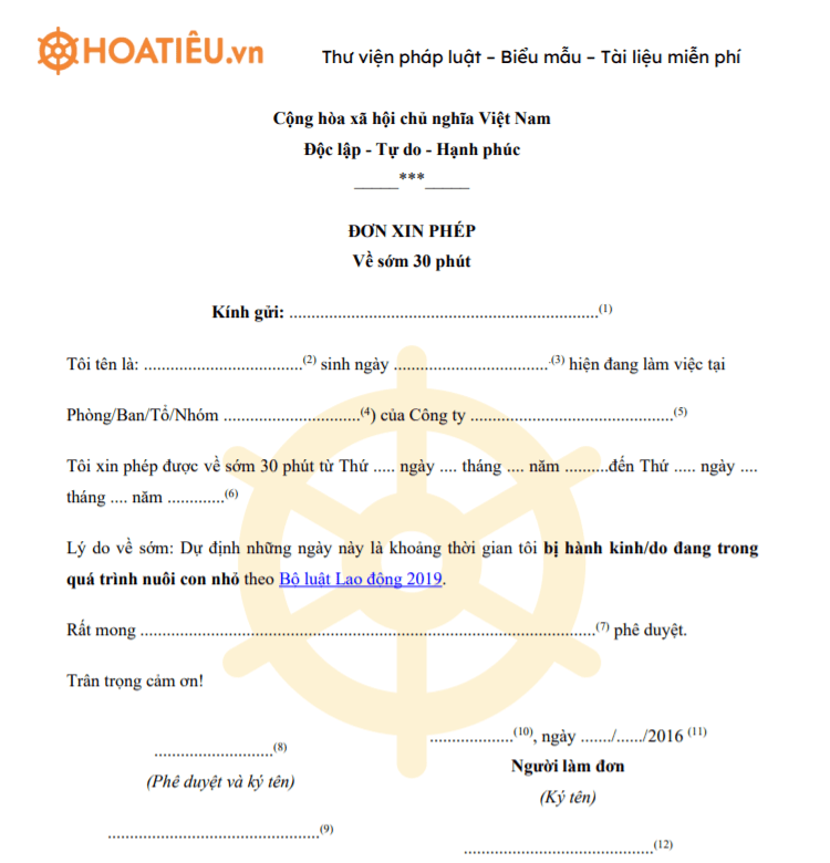 Đơn xin phép về sớm 30 phút