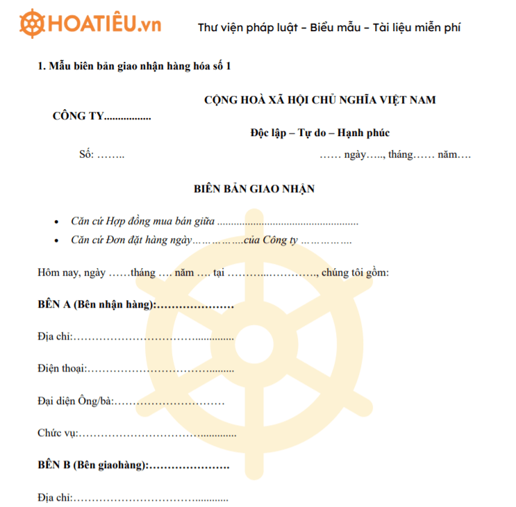 Mẫu biên bản giao hàng hóa