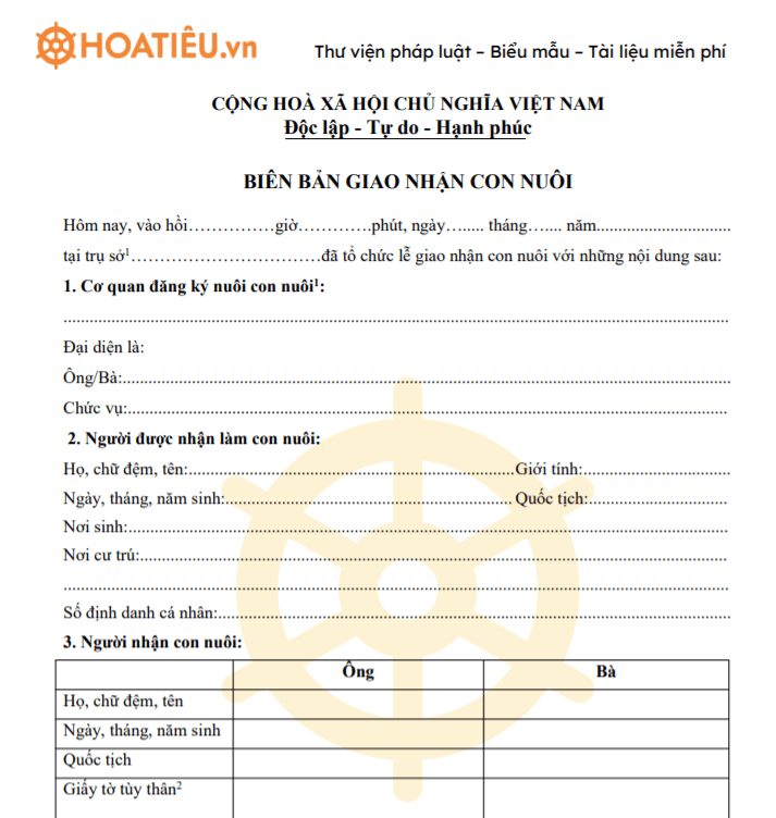 Mẫu biên bản giao nhận con nuôi