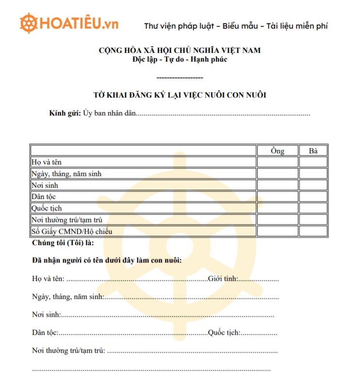 Tờ khai đăng ký lại việc nuôi con nuôi