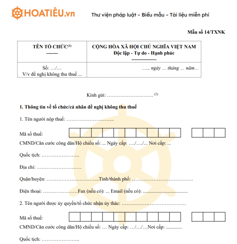 Mẫu 14/TXNK: Công văn đề nghị không thu thuế