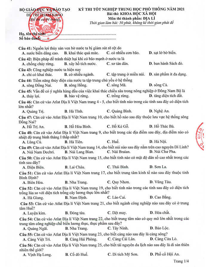 Đáp án đề tham khảo THPT quốc gia 2021 môn địa