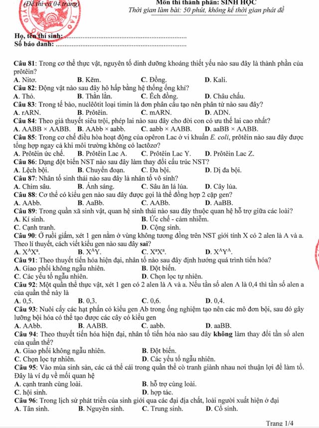 Đáp án đề tham khảo 2021 môn Sinh thi tốt nghiệp THPT Quốc gia