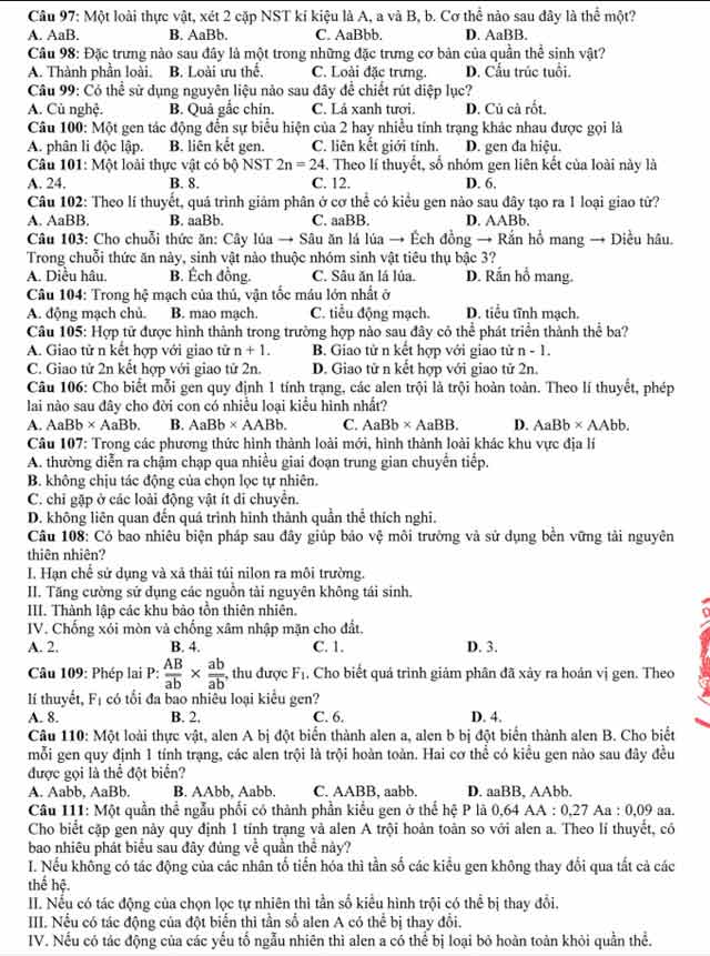 Đáp án đề tham khảo 2021 môn Sinh thi tốt nghiệp THPT Quốc gia