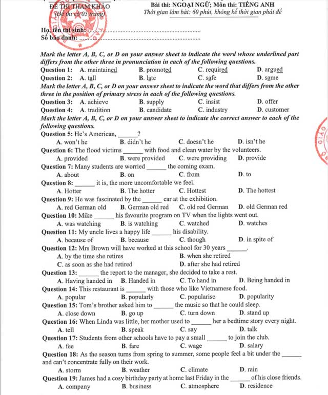 Đề tham khảo 2021 môn tiếng Anh thi tốt nghiệp THPT Quốc gia