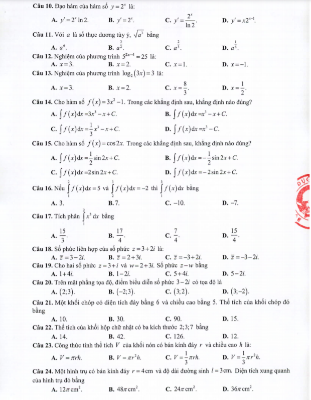 Đề minh họa 2021 môn Toán