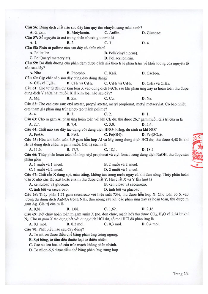 Đáp án đề minh họa THPT 2021 môn hóa