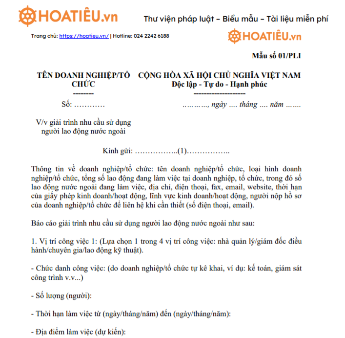 Mẫu số 01/PLI: Về việc giải trình nhu cầu sử dụng người lao động nước ngoài
