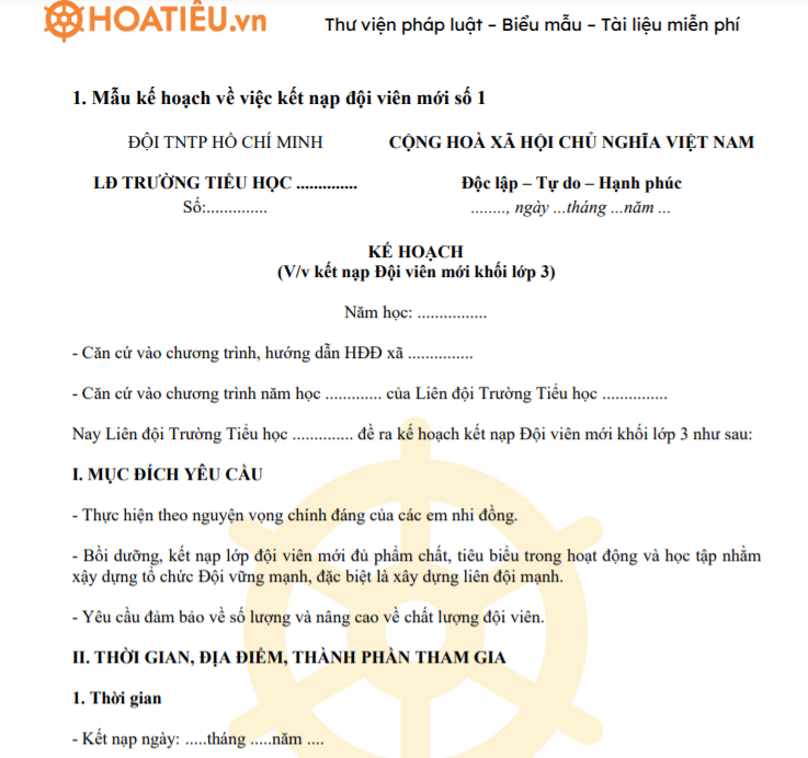 Mẫu kế hoạch kết nạp đội viên mới