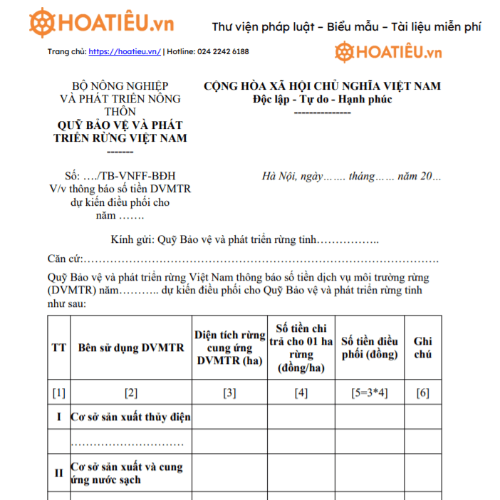 Mẫu thông báo số tiền dịch vụ môi trường rừng dự kiến