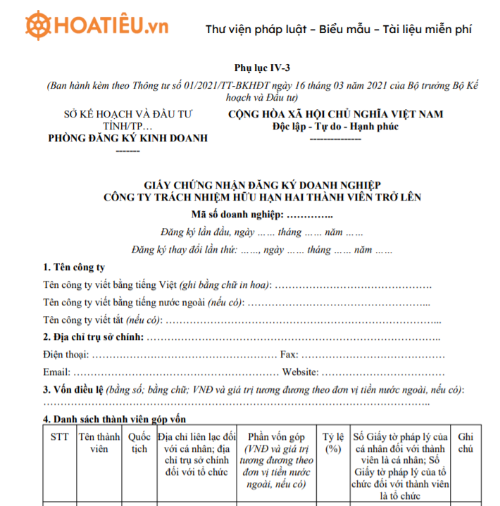 Mẫu giấy chứng nhận đăng ký kinh doanh công ty TNHH có hai thành viên trở lên - Phụ lục IV-3