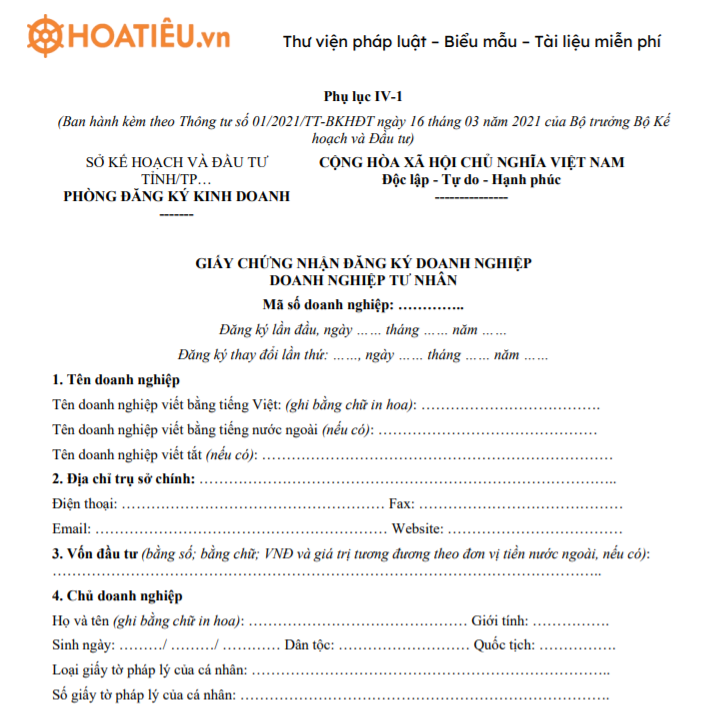 Giấy chứng nhận đăng ký doanh nghiệp tư nhân - Phụ lục IV-1