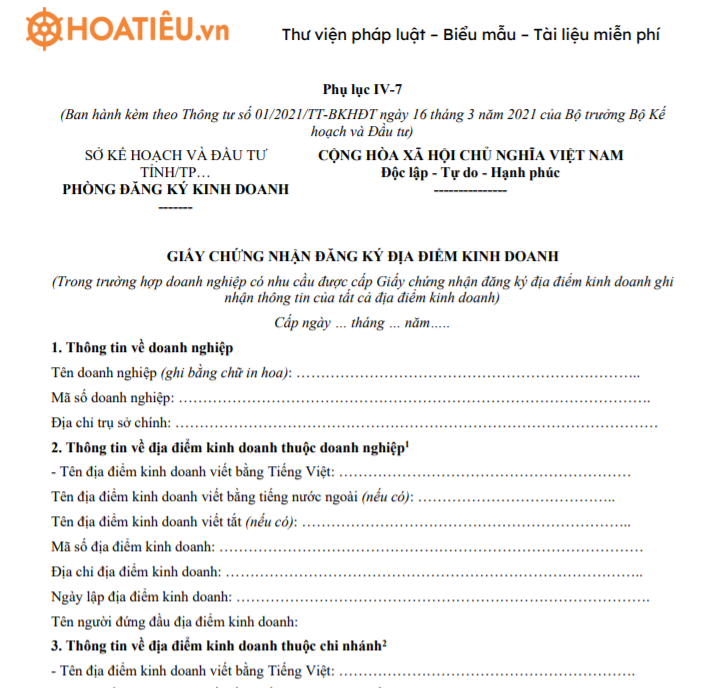 Mẫu giấy chứng nhận đăng ký địa điểm kinh doanh - Phụ lục IV-7