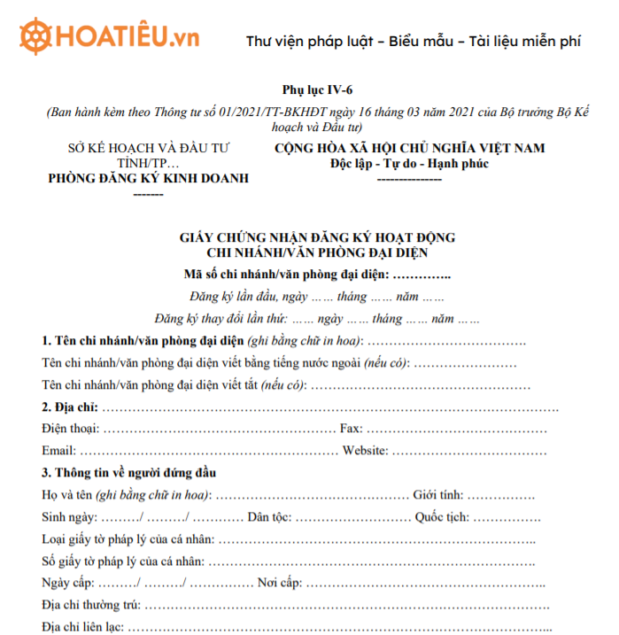 Mẫu giấy chứng nhận đăng ký hoạt động chi nhánh, văn phòng đại diện - Phụ lục IV-6