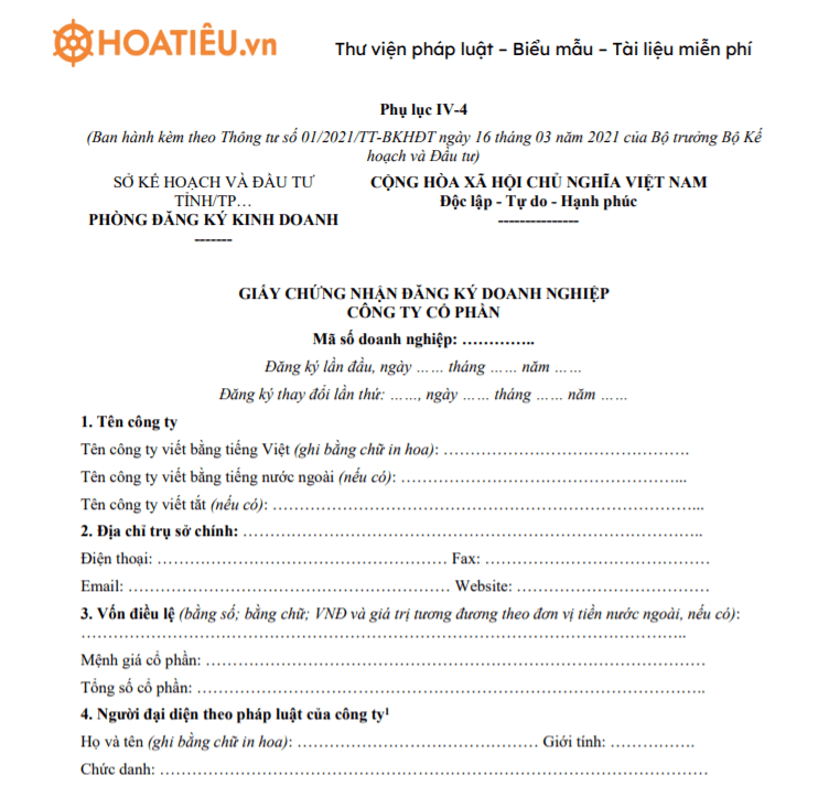 Mẫu giấy chứng nhận đăng ký doanh nghiệp công ty cổ phần - Phụ lục IV-4