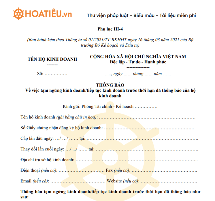 Thông báo về việc tạm ngừng kinh doanh/tiếp tục kinh doanh trước thời hạn đã thông báo của hộ kinh doanh