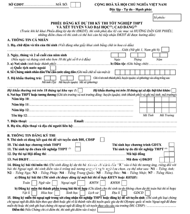 Mẫu Phiếu đăng ký dự thi tốt nghiệp THPT, xét tuyển đại học 2021