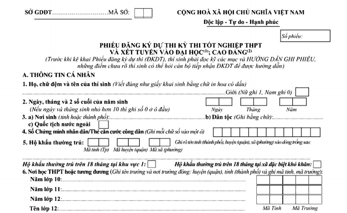 Mẫu Phiếu đăng ký dự thi tốt nghiệp THPT, xét tuyển đại học 2021